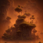 Mystical landscape with towering rock pillars and lush trees in warm amber light