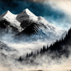 Snow-capped mountains with forest and mist in vintage-style photo