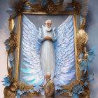 Elderly man admires grand painting of serene figure with angelic wings