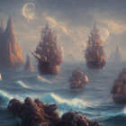 Old sailing ships in misty waters at dusk with double moon and rocky islets