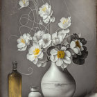 White vase with flowers, glass bottle, and pots on textured backdrop