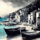 Seaside scene with moored boats, white buildings, trees, and cloudy sky