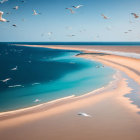 Tranquil aerial view of sandy beach, turquoise sea, river, and seagulls