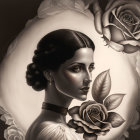 Monochrome portrait of woman with vintage hairstyle and roses