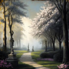 Tranquil painting of sunlit park pathway and statues