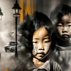 Sepia-Toned Digital Artwork: Children with Freckles & Retro Car