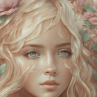 Detailed Digital Art Portrait of Young Woman with Wavy Blonde Hair and Pink Flowers