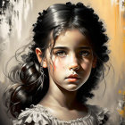 Young Girl Portrait: Wavy Hair, Sad Expression, Dark & Warm Colors