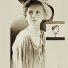 Sepia-toned vintage-style illustration of a woman in wide-brimmed hat and flowing dress,