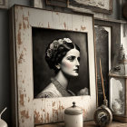 Vintage Portrait of Woman with Headpiece Surrounded by Antique Objects