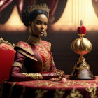 Regal woman with elaborate updo in maroon and gold traditional dress beside golden scepter