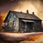 Weathered wooden house with two chimneys and front porch in autumn setting