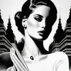 Monochrome illustration of a stylized woman with elegant hairstyle and makeup against intricate towers and spires