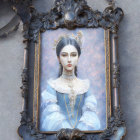 Ornate blue dress portrait in aged bronze frame