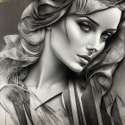 Stylized monochrome illustration of a woman with elegant, wavy hair and intricate patterns.