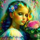 Vibrant digital painting of young girl with blue hair and pink rose