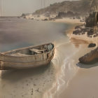 Solitary rowboat on sandy beach with misty cliffs