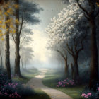 Tranquil painting of misty forest path with blooming trees