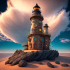 Ornate lighthouse on rocky terrain under dramatic sky at sunset or sunrise