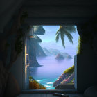 Tranquil cave room with tropical seascape view