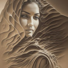 Sepia-Toned Artistic Portrait of Woman in Flowing Sand Dune Fabrics