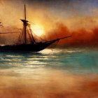 Vintage sailing ship at sea during sunset with warm hues and water reflections.