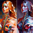 Colorful diptych paintings of a woman with prominent cheekbones in vibrant attire