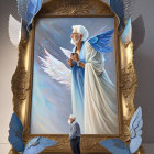 Elderly man admires angelic self-portrait with blue wings and halo