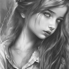 Detailed monochrome painting of young woman with flowing hair and contemplative gaze