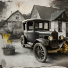 Vintage Car Parked in Front of Dilapidated Houses with Sepia-Toned Effect