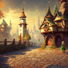 Girl in Green Dress Walking to Enchanting Village at Sunset