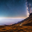 Starry Night Sky Over Misty Mountain Landscape