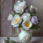 White and Light Purple Roses in Classic White Vase on Grey Background