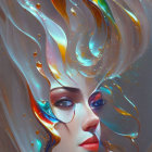 Colorful liquid streams surround woman in surreal portrait