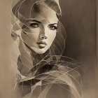 Monochromatic stylized portrait of a woman with abstract lines on sepia background