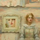 Victorian girl with framed portrait in peeling pastel backdrop