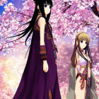 Animated characters in traditional dresses under cherry blossoms