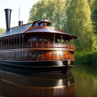 Vintage paddle steamer with black hull and wooden superstructure on tranquil river surrounded by lush greenery