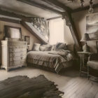 Rustic bedroom with plush bed, antique furniture, painted dresser, cozy chair, chandelier,