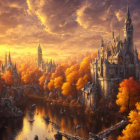 Fantasy landscape with grand castle, autumn trees, river, boats, dramatic sunset sky