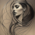 Monochrome artwork: Woman with intricate, flowing hair