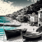 Monochromatic beach scene with boats, waves, buildings, and birds