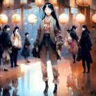 Vintage-clad woman in bustling crowd under glowing lanterns with dreamy watercolor scene