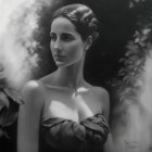 Monochrome painting of woman in leaf-like garment against foliage