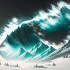 Majestic snow-covered mountains under starry sky & aurora lights