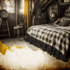 Sepia-Toned Vintage Bedroom with Plaid Bed and Wooden Furniture