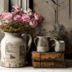 Vintage Still Life: Pink Roses, Old Jug, Metal Cup, Teapot on Suitcase