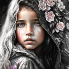 Digital artwork: Young girl with blue eyes, pink roses in hair, sparkles on cheek