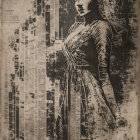Vintage woman in sepia-toned attire with intricate headpiece on textured newspaper clippings backdrop.