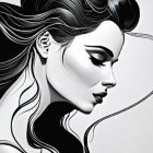 Monochromatic portrait of a woman with flowing hair and bold makeup